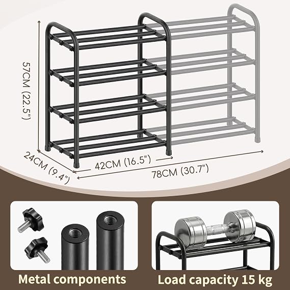 Extendable Large Metal Shoe Rack Storage, 4 Tier, Black