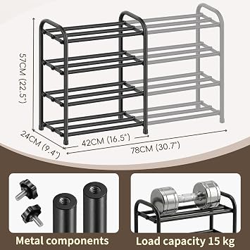 Extendable Large Metal Shoe Rack Storage, 4 Tier, Black