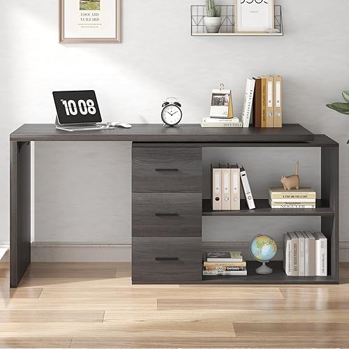 Miniatura 6 de HSH Escritorio para computadora en forma de L con cajones, escritorio en forma de L con estantes de almacenamiento, escritorio ejecutivo grande