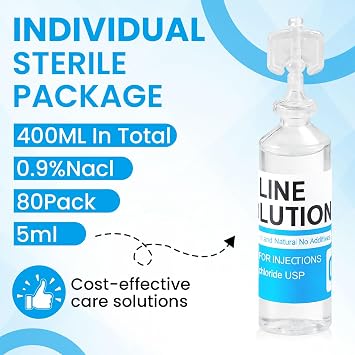 80 Pack 0.9% Saline Solution, Sodium Chloride Normal Solution for All Ages, Total 400ml, 5ml Each