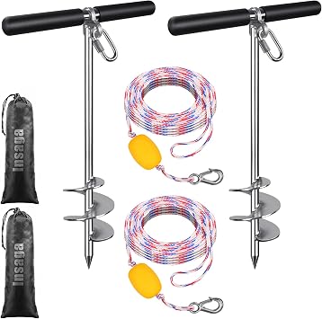 Insaga 17/26/36 Sand Anchor for Boat with 32ft Rope, 304 Stainless Steel Boat Sand Anchor with Crossbar, Screw in Boat Anchor for Kayak, Jet Ski, Pontoon, Shallow Water, Beach and Sandbar Use