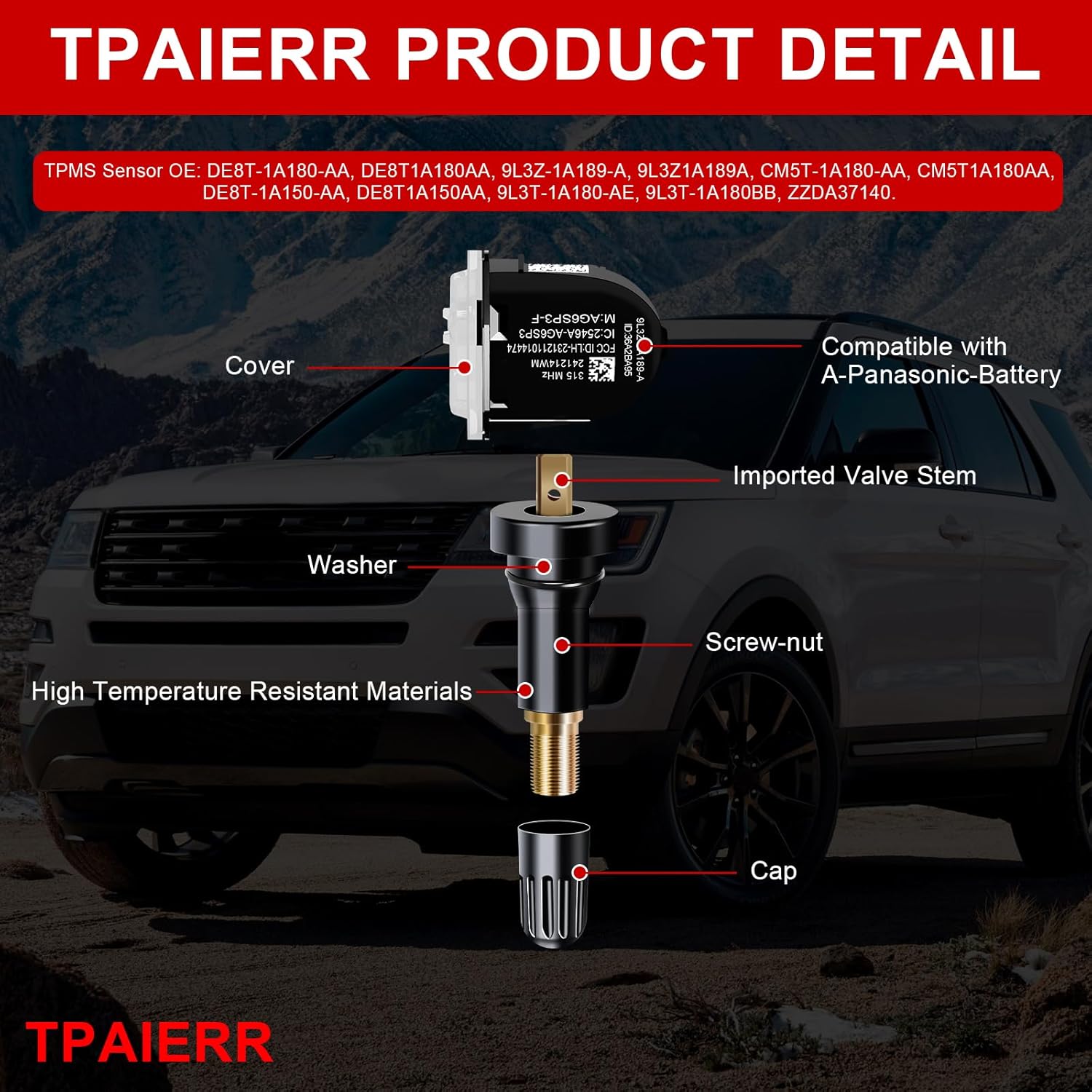 4Pcs TPMS Sensor, 315Mhz OE DE8T-1A180-AA 9L3Z1A189A Pre-Programed Tire Pressure Monitoring System Sensors Compatible with Ford F150 F250 F350 F450 F550 2009-2016 for Lincoln MKX MKC Set of 4