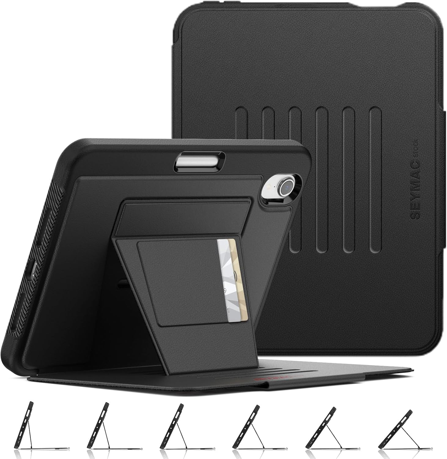 SEYMAC stock Case for iPad mini 7 (A17 Pro)/ Mini 6 8.3'', Strong Magnetic Auto Sleep Shockproof Case with Absorbing Multi-Angles Stand, Pen Holder, Card Slot, Black