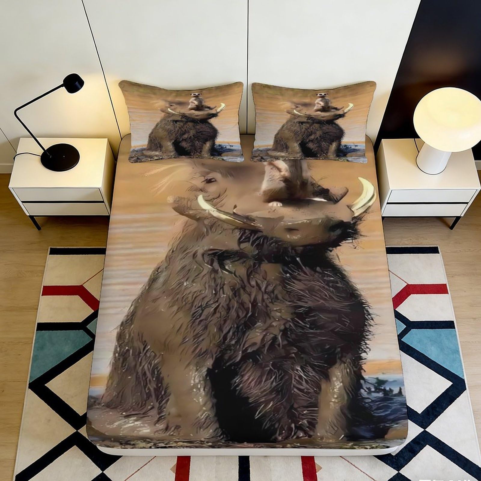 3D Printed Mammoth Themed Fitted Sheet Microfiber Deep Pocket Anti-Slip Bedroom Bedding Mammoth Mattress Fitted Cover 200x200x25cm 90x200x25cm