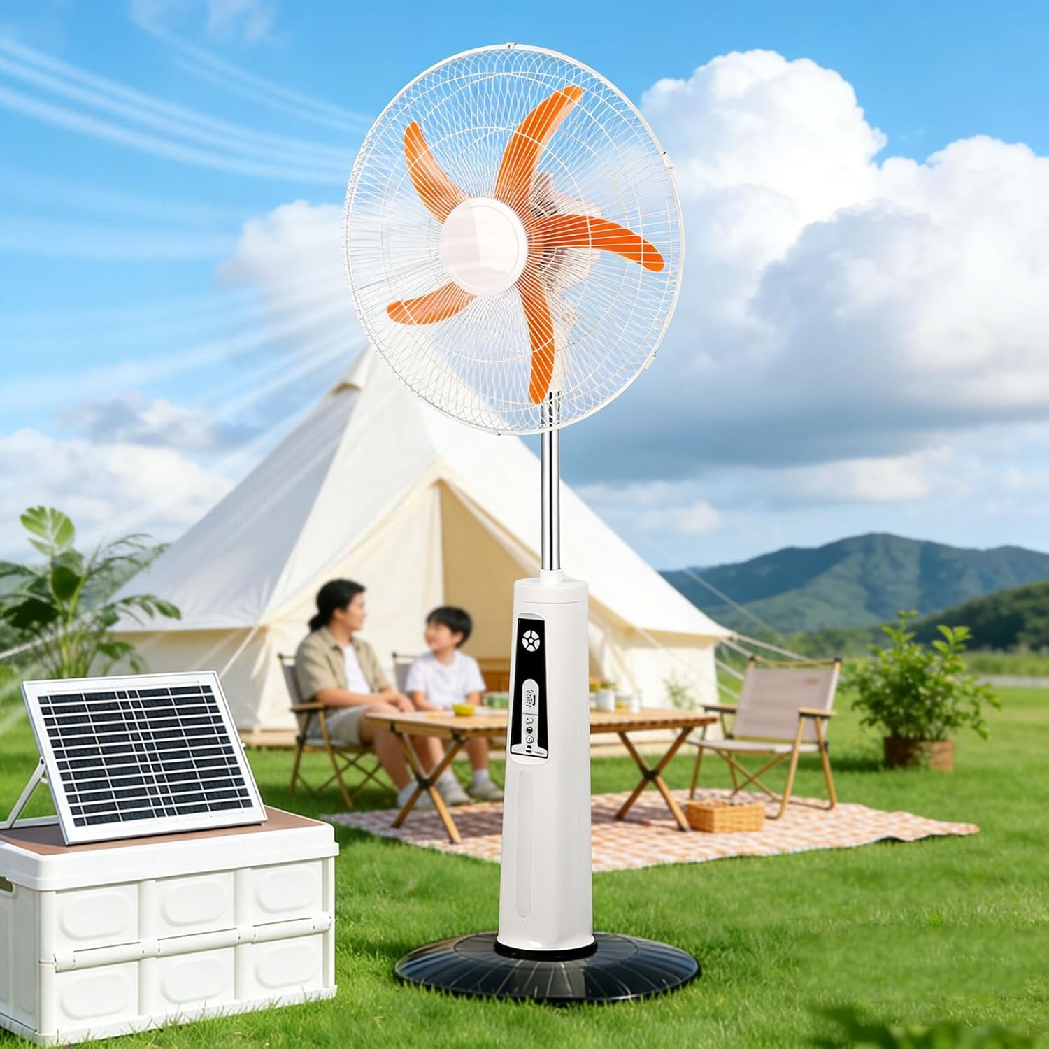 Camping Oscillating Solar Floor Fans Portable Standing Fan with Solar Panel, Height Adjustable Two Charging Methods with Remote Control For Bedroom, Home, Office Outdoor