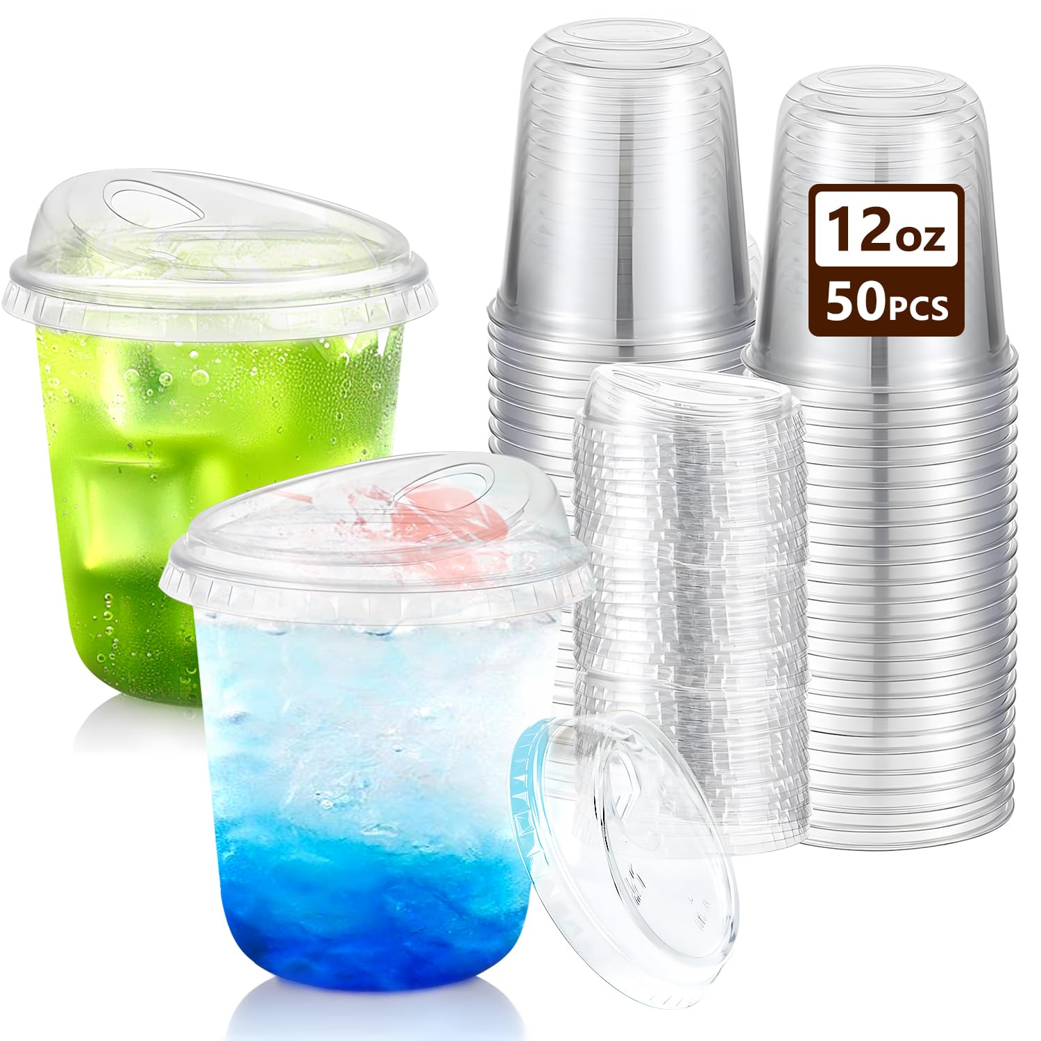 YISIZES 50 Pack 360ML Clear Plastic Cup with Sip Lids, Thickened Iced Coffee Cups for to Go Cold Drinks Latte Juice Smoothie Slushie Milkshake for Drink Shop Parties Events, Leakproof & BPA-Free
