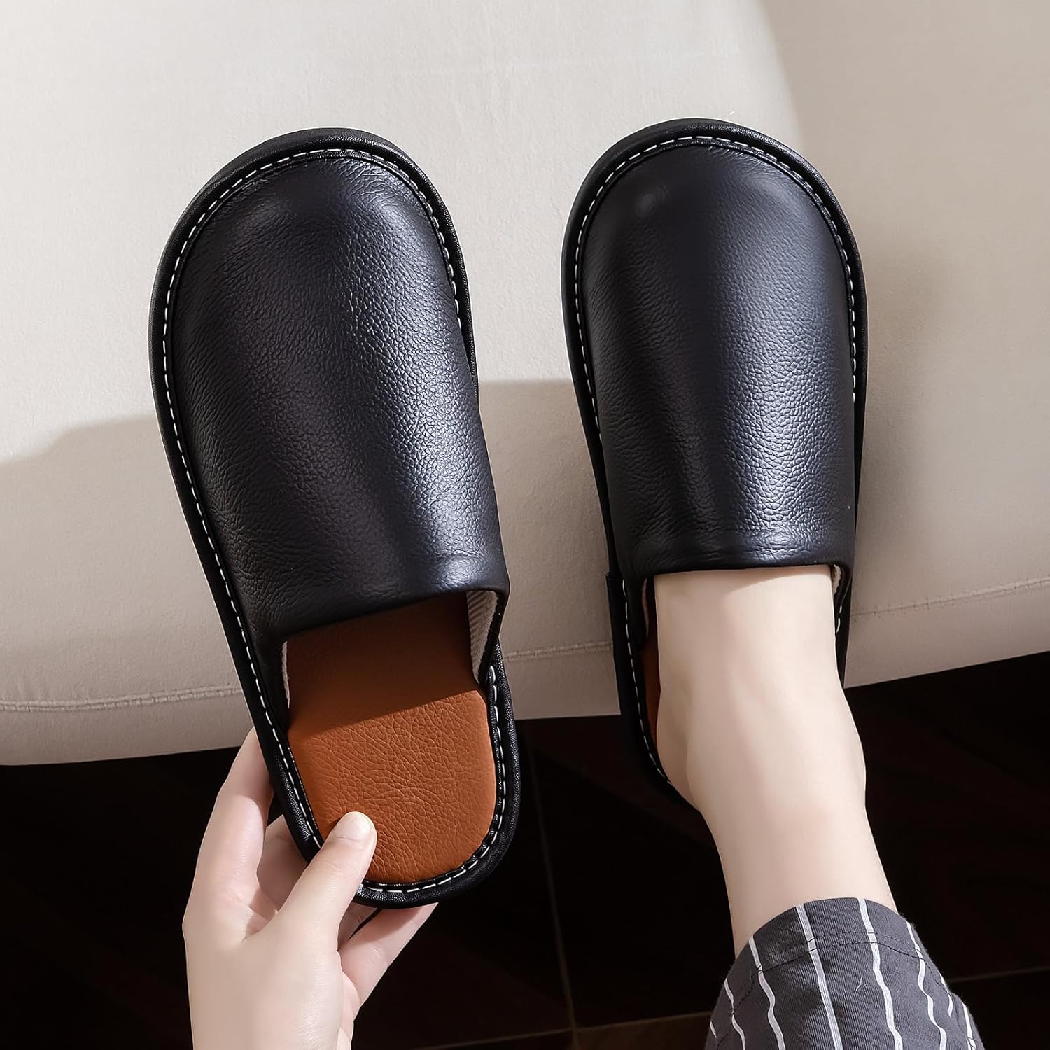 Cowhide Leather Slippers Womens Genuine Non-slip Home Bedroom Shoes House Slippers Comfy Indoor Outdoor Shoes - Image 3