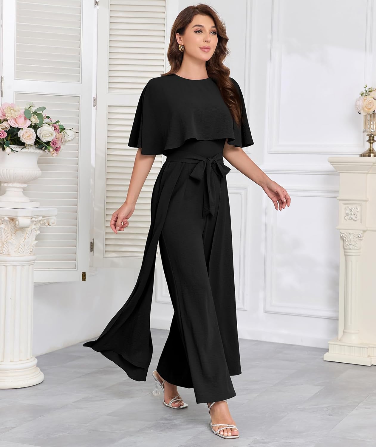 Jumpsuits for Women Dressy Casual One-Piece Outfits Elegant Formal Cape Belted Wide Leg Rompers Evening Pantsuits - Image 6