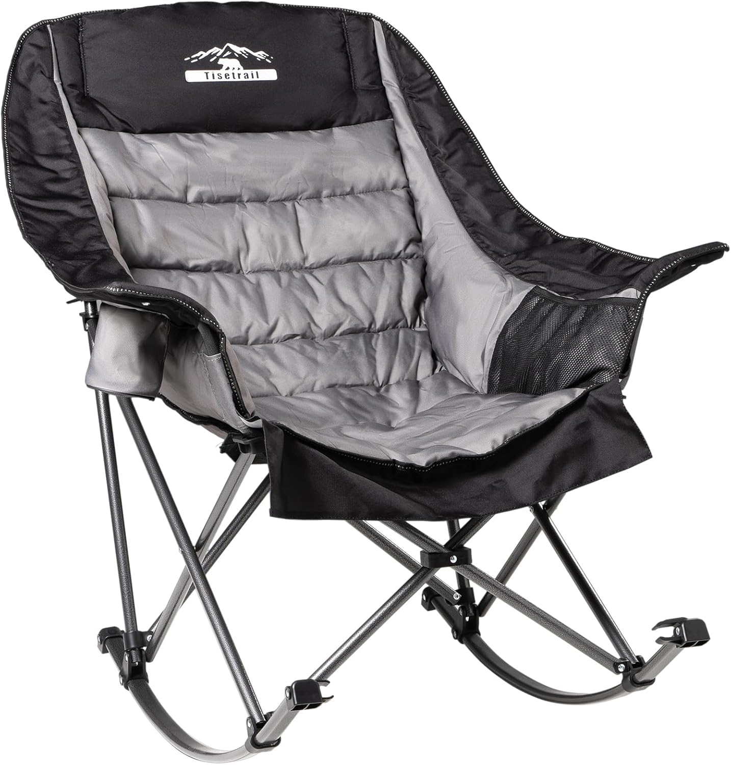 Tisetrail Oversized Rocking Camping Chair, Fully Padded Camp Chairs for Adults with Side Pocket and Cup Holder, Heavy-Duty 400lbs Capacity, Black &