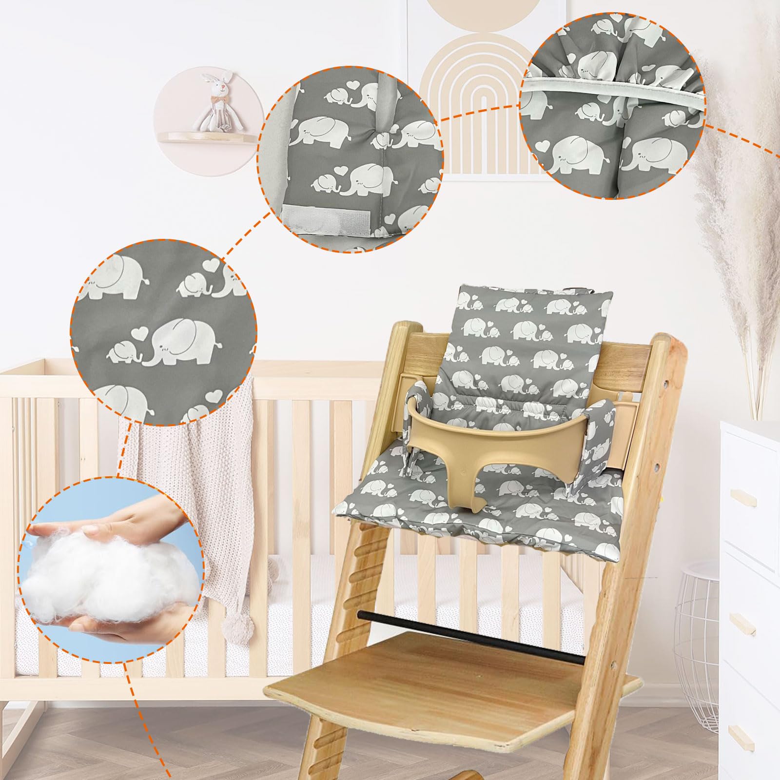 Cuscini per Seggiolone Tripp Trapp Stokke, Antiscivolo Cuscino per seggiolone, cuscino per seggiolino in cotone biologico, Bambini Fodera di ricambio per seggiolone con borsa portaoggetti (04)