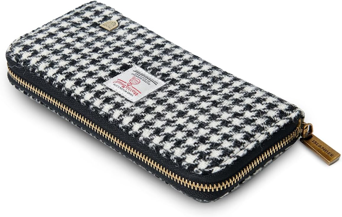 Islander HarrisTweed & PU Leather women’s long zip purse, Black and White, Carry Cash & card, Scottish Style