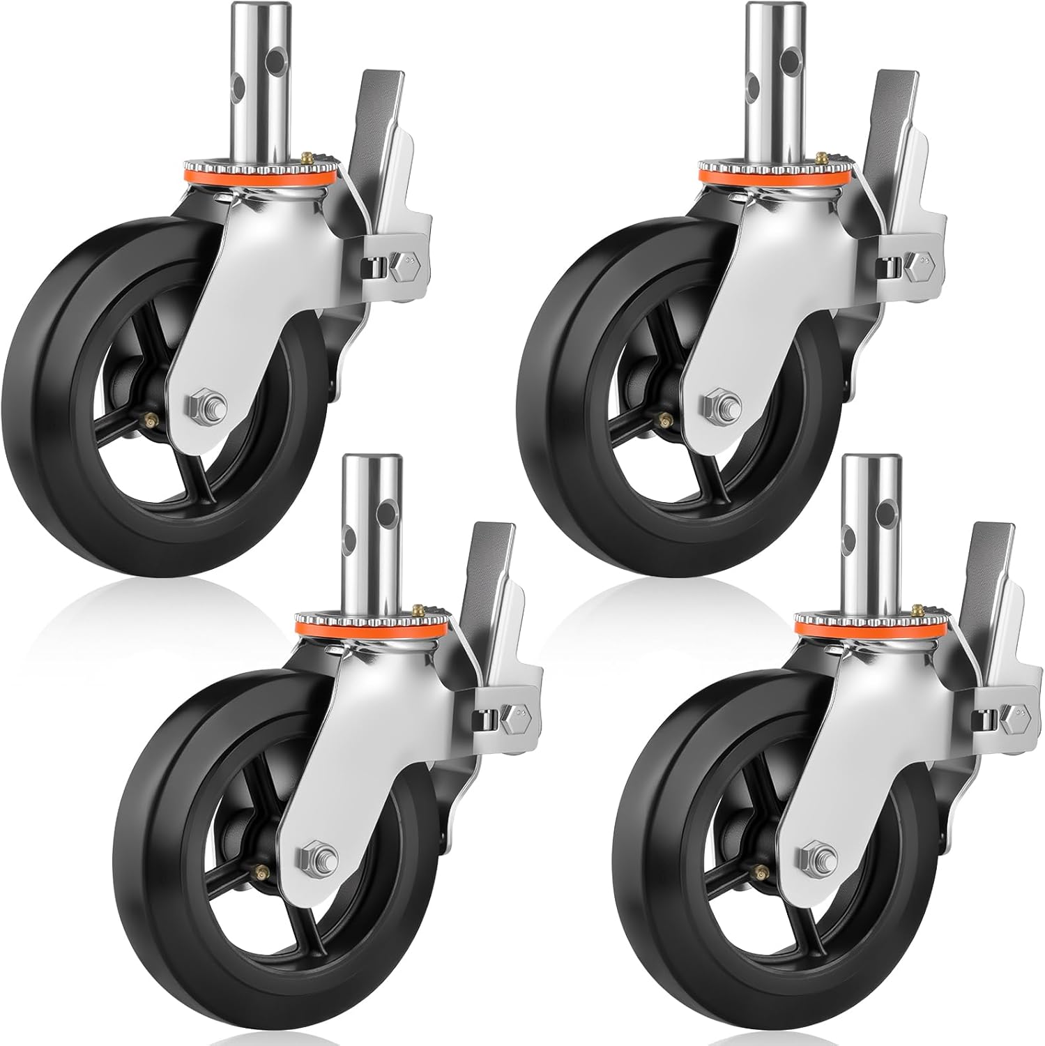 8 inch Scaffolding Wheels Set of 4 with Dual Locking Brakes 1-3/8 Round Stem Caster Wheels Baker Scaffold Wheels Heavy Duty