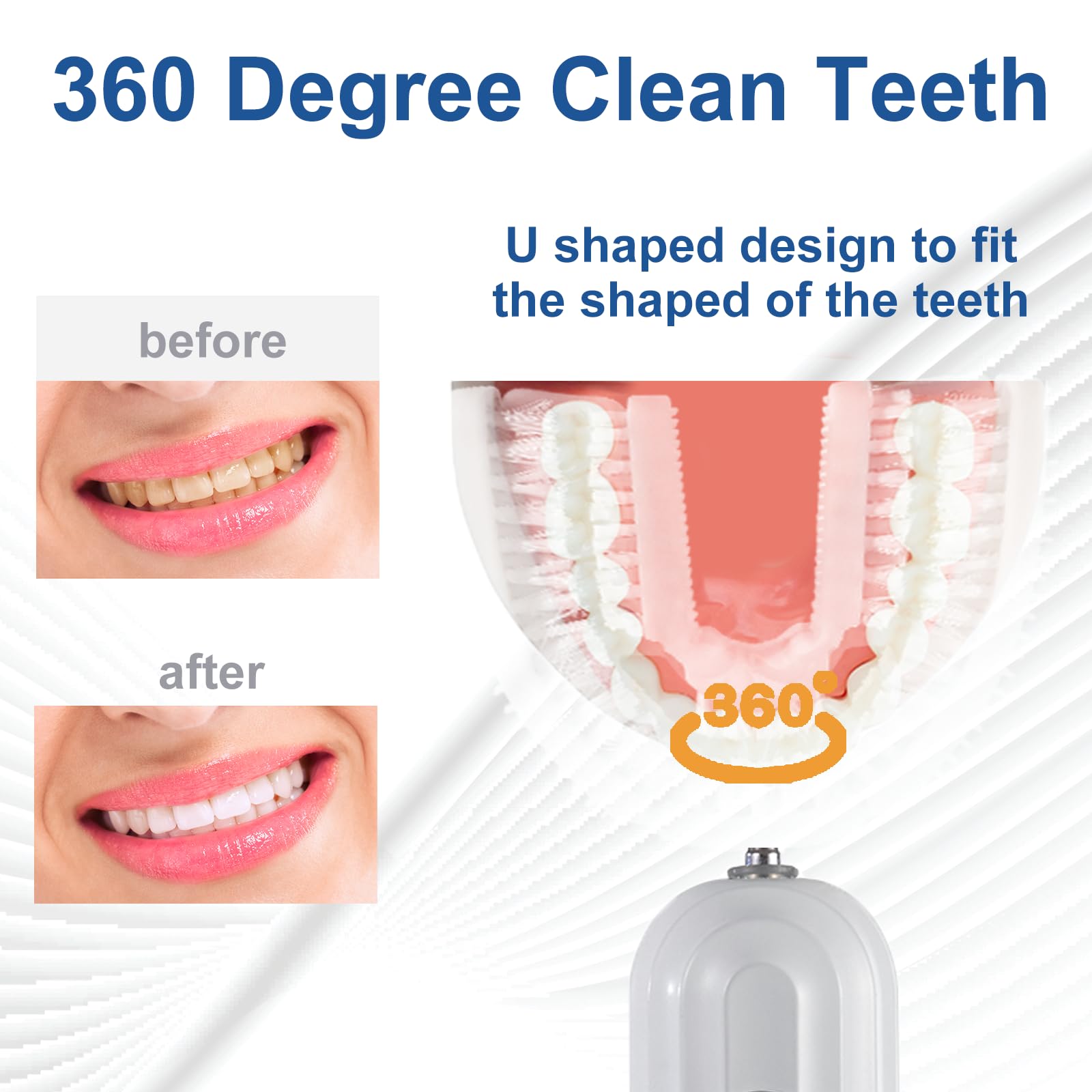 Cepillo de dientes ultrasónico en forma de U para adultos, cepillo de dientes eléctrico para limpieza de 360 grados con carga inalámbrica, impermeable IPX7, 3 modos para blanquear los dientes