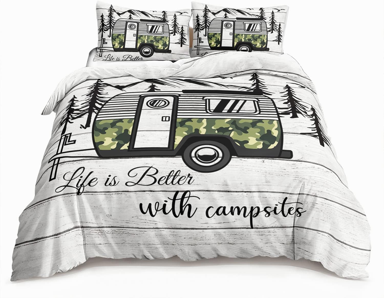HOSIMA Happy Camper Decor Duvet Cover Set,Camouflage Camper Bedding Queen Size for Kids Teen Girls Boys Room Decor, Camping Themed Bedding with 2 Pillowcases.