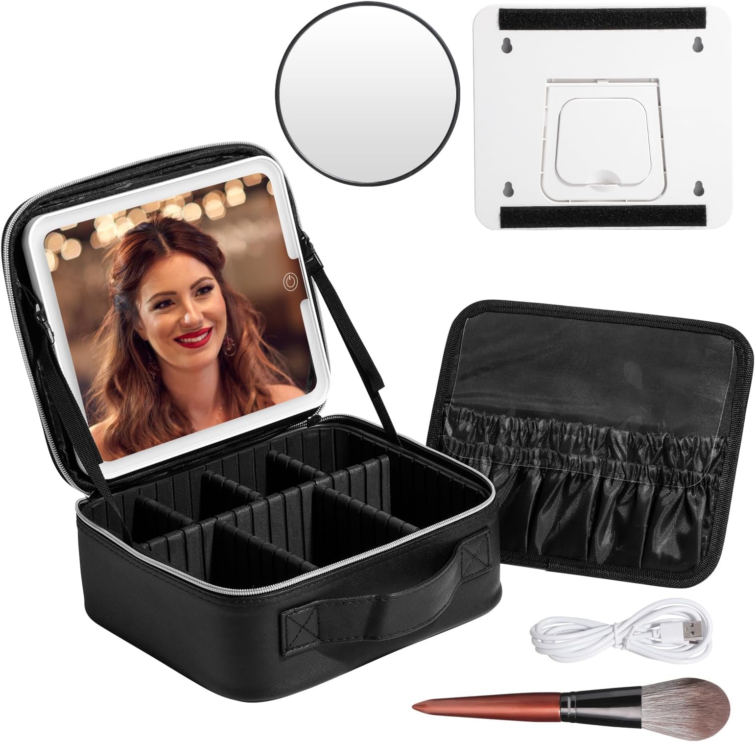 BS-MALLMakeup LED Case Makeup Brush Holder With LED Mirror Makeup Tool Organizer Bag Makeup Brush Bag with Shoulder