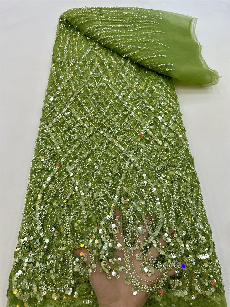 Exquisite Beads Embroidered Lace Fabric with Sequins and Pearl for Party Decorations and DIY Crafts (5 Yards,White)