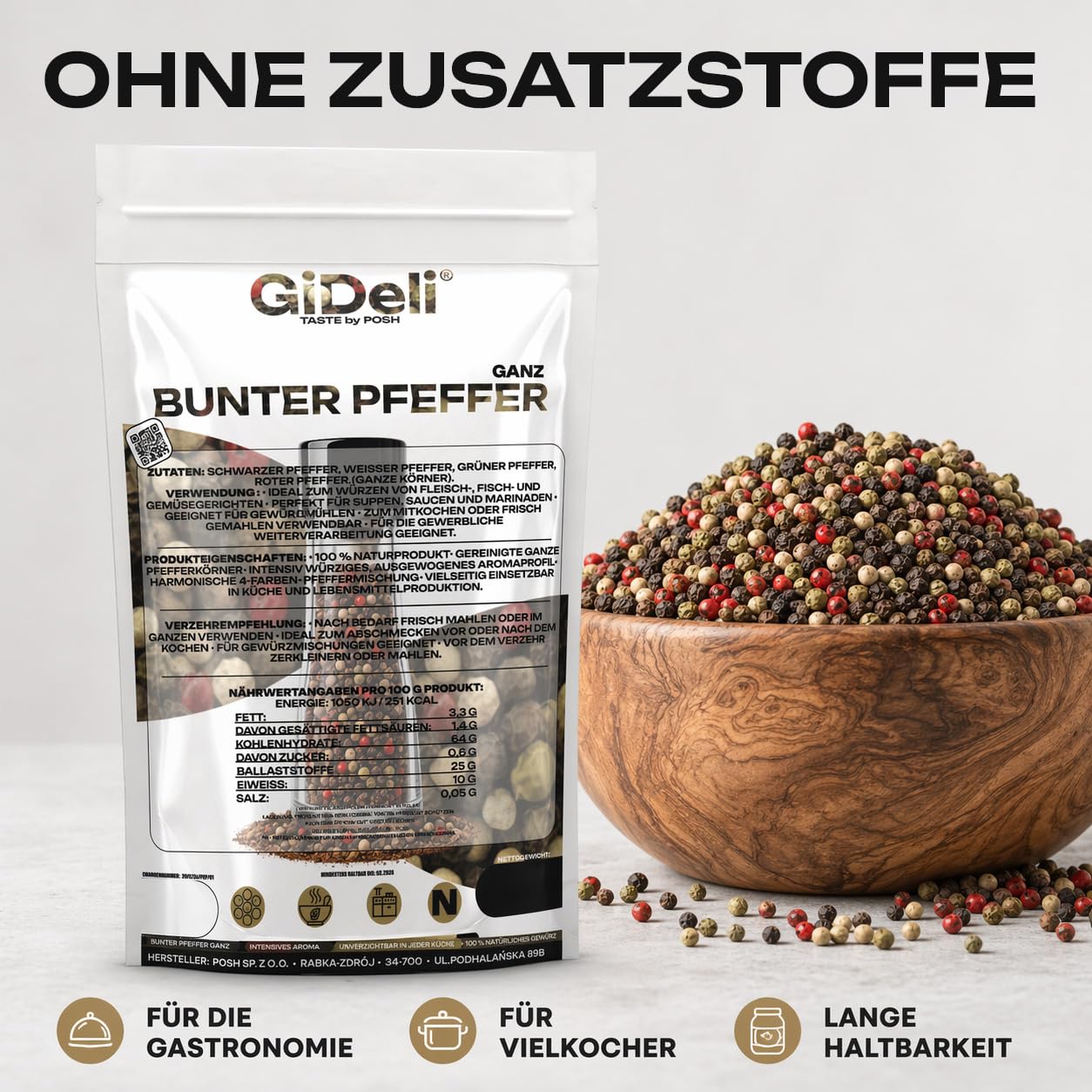 GiDeli Bunter Pfeffer Ganz 5kg - Aromatische Schwarze, Weiße, Rote und Grüne Pfefferkörner - Für Pfeffermühle und Mörser - Universell Einsetzbar - 100% Naturrein ohne Zusätze