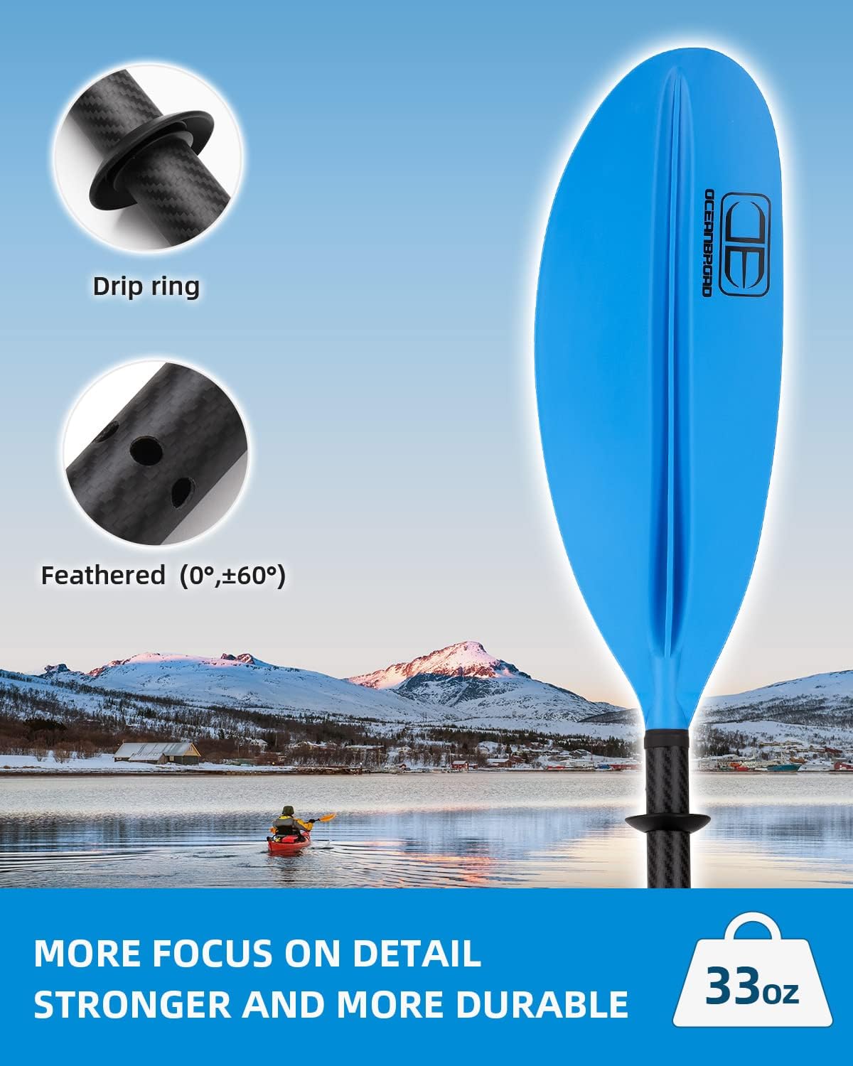 OCEANBROAD Pagaia per kayak in fibra di carbonio, 230 cm, 218 cm, per adulti, kayak, canottaggio, canoa, remo, con guinzaglio