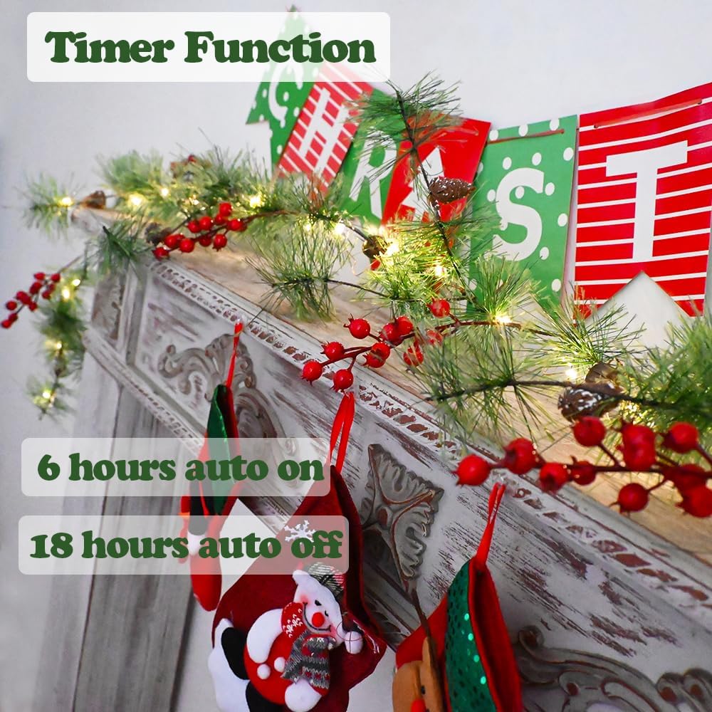 Christmas Garland with LED Fairy Lights Battery Operated Smokey Pine Garlands with 8 Flash Modes and Timer Red Berries Bells Pine Cones Green Garland Rustic Garlands for Xmas Holiday Home