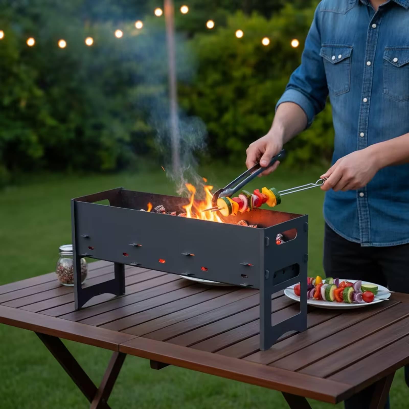 kowaku Grill Portatile da Esterno Barbecue Griglia Braciere Rettangolare Pieghevole con Pannelli Corpo in Metallo Maniglie Laterali per Trasporto Leggero, Grande 60cm