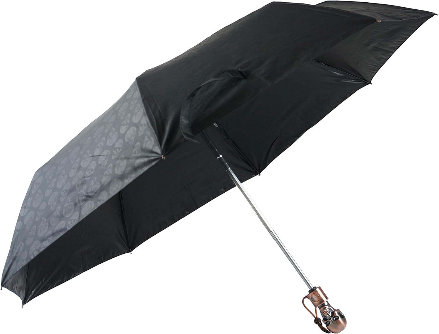 review MINGXIN011 Auto Open and Close Triple-Folding Umbrella Cool Skulls Printed Canopy Skull Shaped Handle Inner UV Protection Golden Coating Parasol