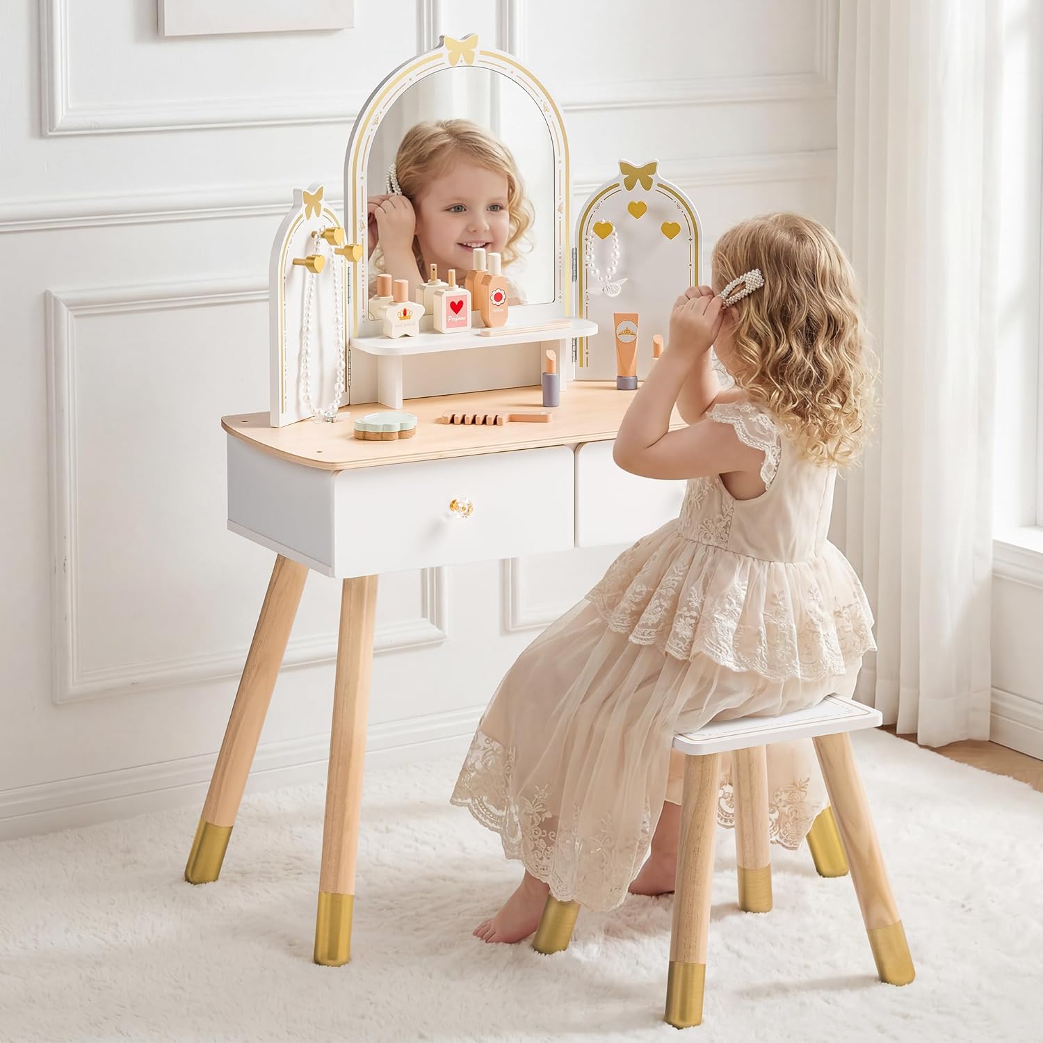 ROBUD Kids Vanity Table and Chair Set, Girls Vanity Set with Mirror, Pretend Play Kids Vanity, Makeup Dressing Table with Drawer and Accessories, Age 3+ (Platinum)