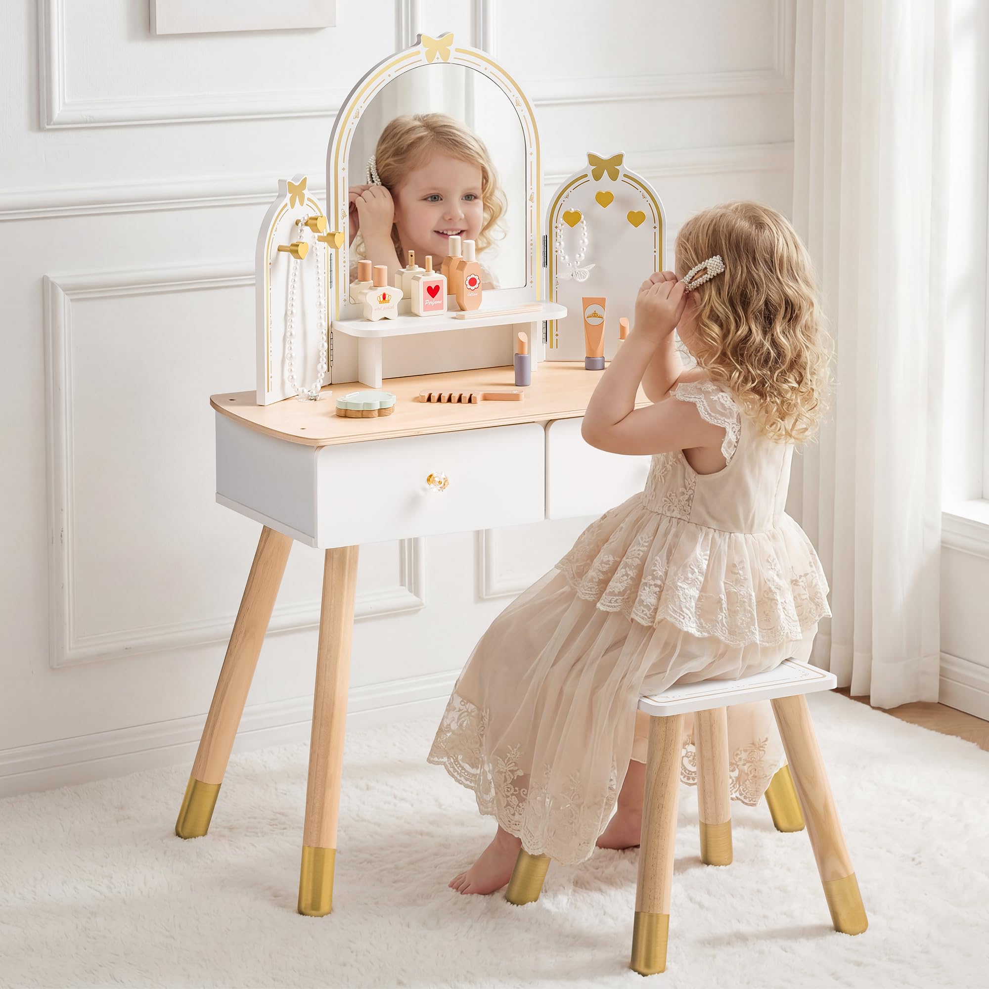 ROBUD Kinder Schminktisch mit Hocker: Mädchen kinderschminktisch mit Spiegel, Rollenspiel Schminktisch für Kinder, Frisiertisch mit Schublade und Zubehör für Kinderschminke, ab 3 Jahren （Weiß-golden）