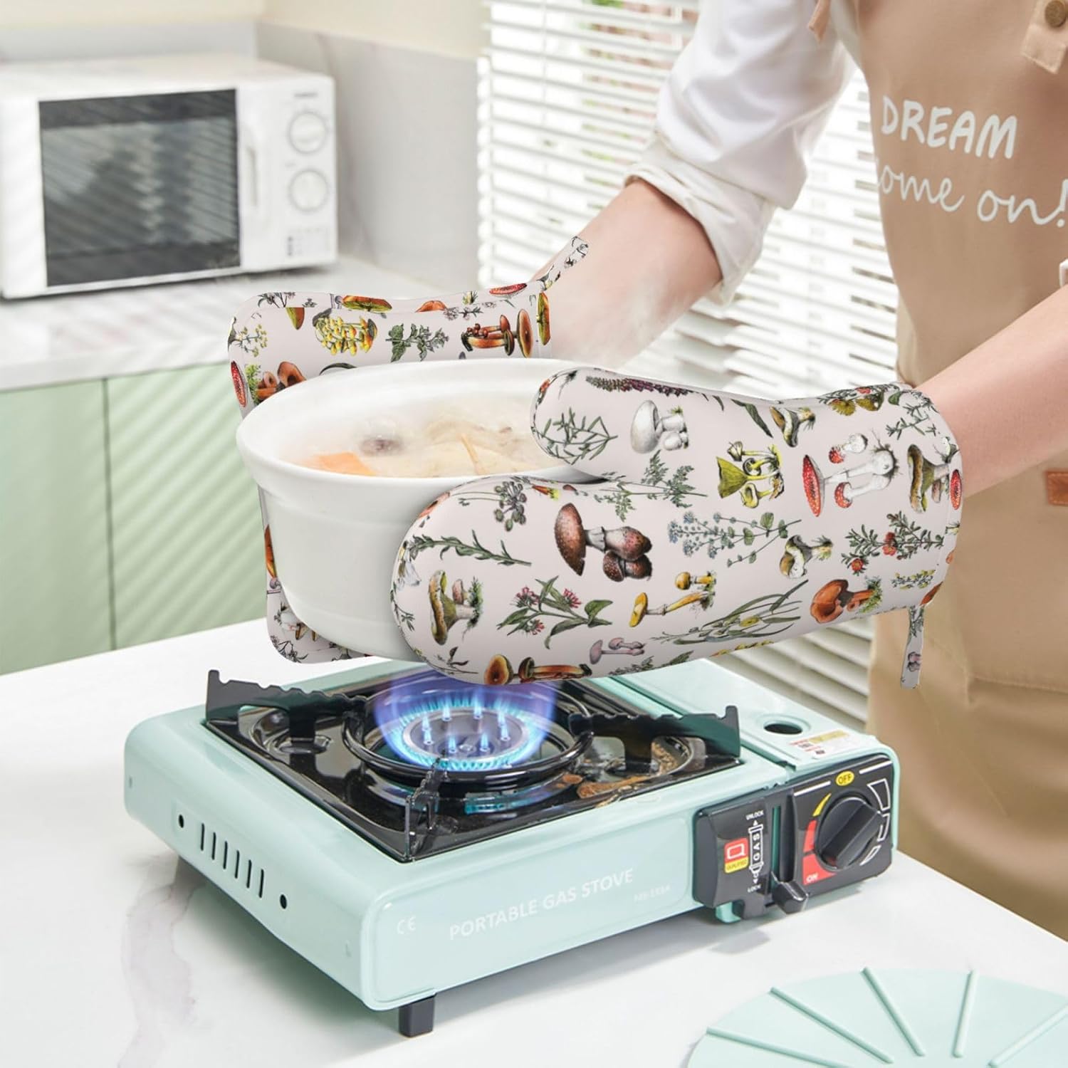 Vintage Botanical Oven Mitts and Pot Holders Set Silicone Heat Resistant Plants Herbs Mushroom Kitchen Gloves Set Nature Floral Kitchen Mittens Pot Holders for BBQ Cooking Baking Grilling - Image 6