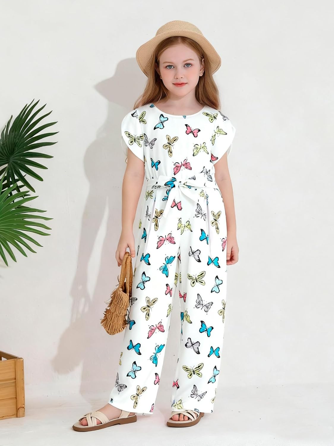 Haloumoning Girls Floral Jumpsuit Kids Fashion Short Sleeve Belted Wide Leg Romper One Piece Outfits with Pockets - Image 2