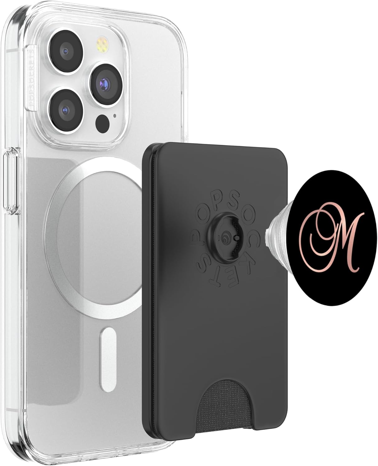 Letter M Golden Pink Rose Design. Initial M On Black PopSockets PopGrip: Swappable Grip for Phones & Tablets PopSockets PopWallet for MagSafe