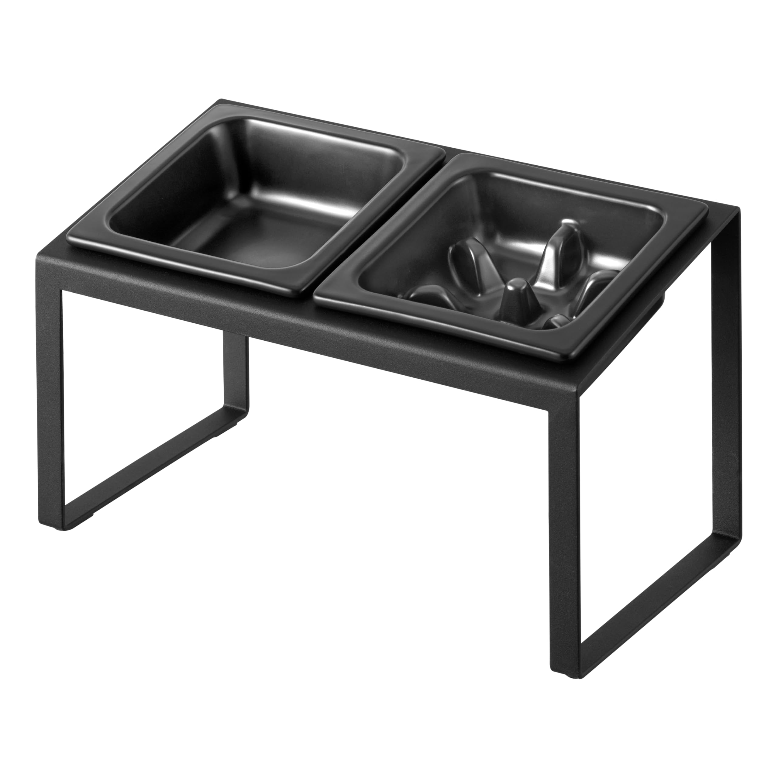 Yamazaki 10242 NOOKS Angeschrägte Futternäpfe mit Anti-Schling-Einsatz & Ständer, schwarz, Stahl/Silikon/Keramik, minimalistisch, 15,5 x 29 x 17,6 cm (L x B x H)