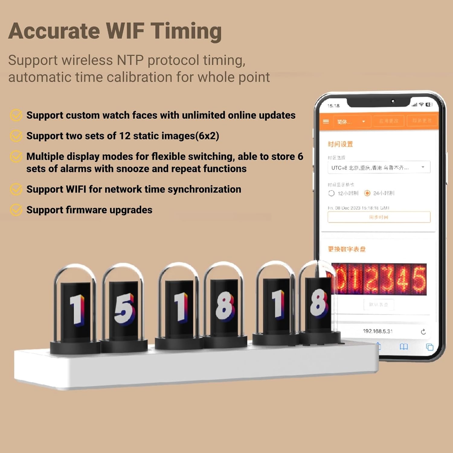 Tube Clock Kit Desktop Decoration with 6 Bit IPS LCD Screen for Home Office White 12 24 Hours Display RGB Backlit Digital Clock IPS Tube Clock White Desk Shelf Clocks
