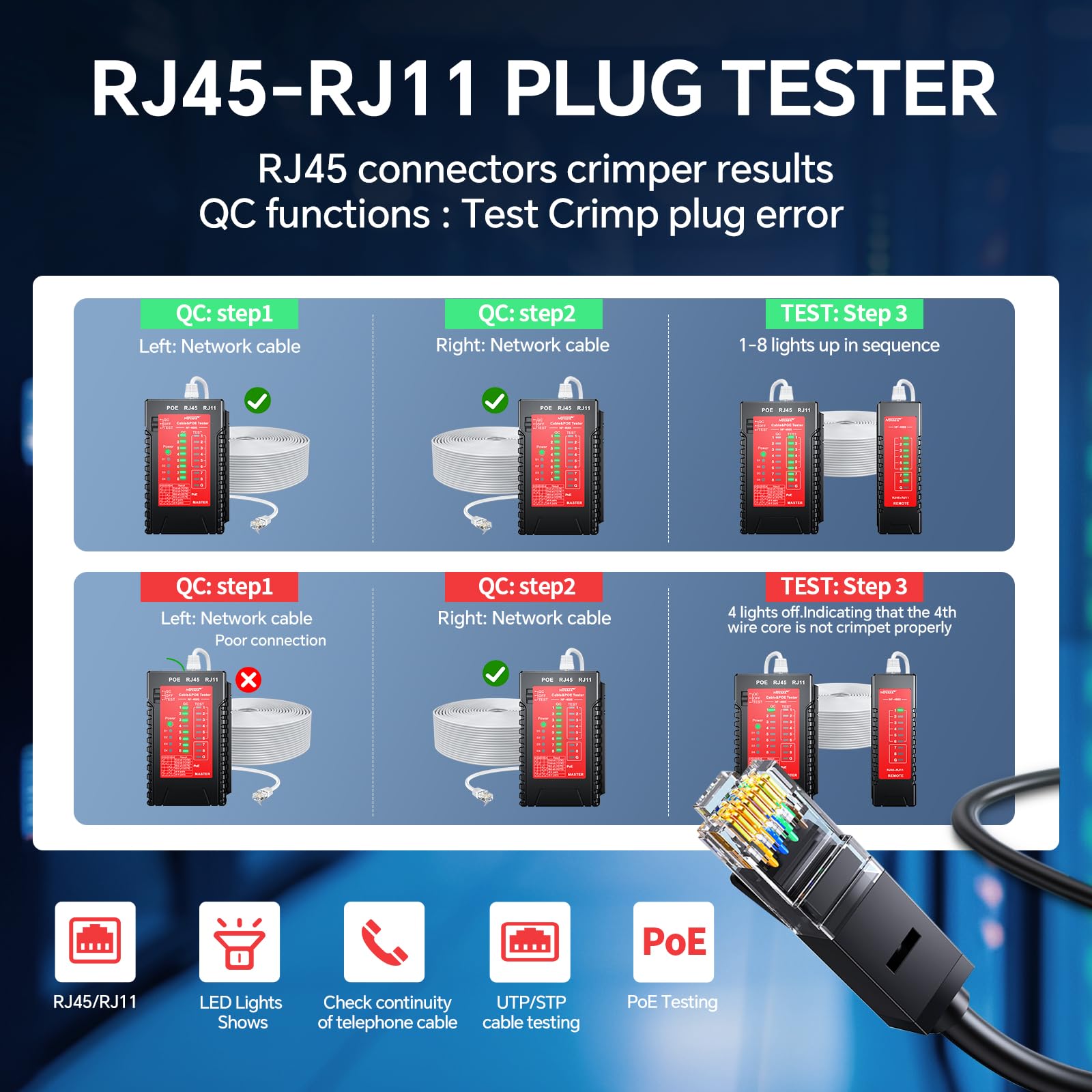NOYAFA Testeur de câble réseau NF-468S, testeur de câble Ethernet RJ12 RJ11 RJ45 pour CAT5, CAT5E, CAT6, CAT6A, POE, testeur de continuité UTP/STP, toner, ligne téléphonique, câble CAT3, outils réseau