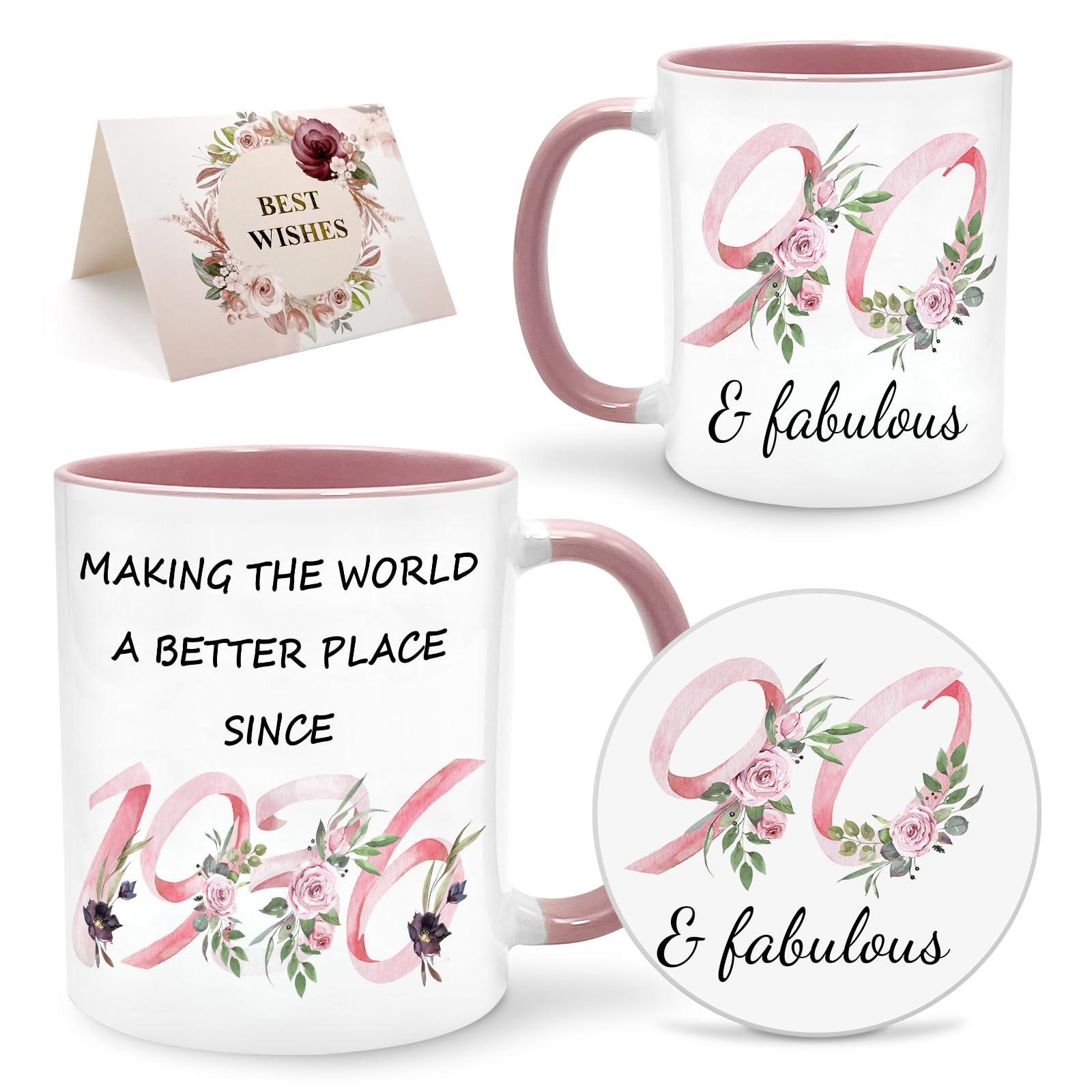 Lingdeer 90th Birthday Gifts for Women Her, 1936 Vintage Birthday Coffee Mugs with Silicone Coaster, Fabulous 1936 Gifts Ideas for 90 Years Old Women