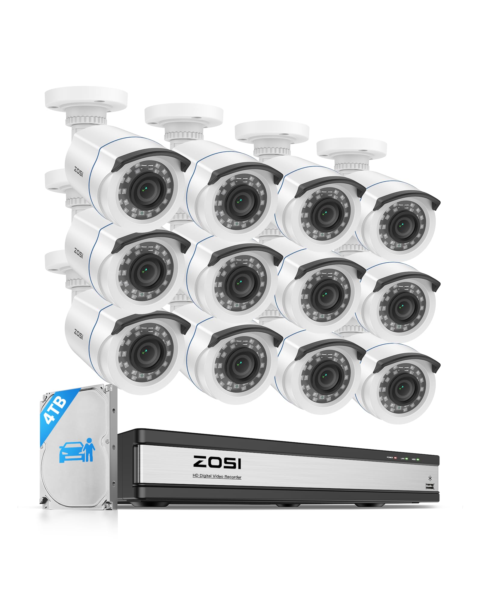 ZOSI 1080P 16CH Überwachungskamera Set Aussen, Personen- und Fahrzeugerkennung, H.265+ DVR Rekorder mit 4TB Festplatte, 12er CCTV 2MP Bullet Kameras für Haus- und Geschäftsüberwachung, IR Nachtsicht | KI-Erkennung Person/Fahrzeug, Blickwinkel 90 °, Nachts
