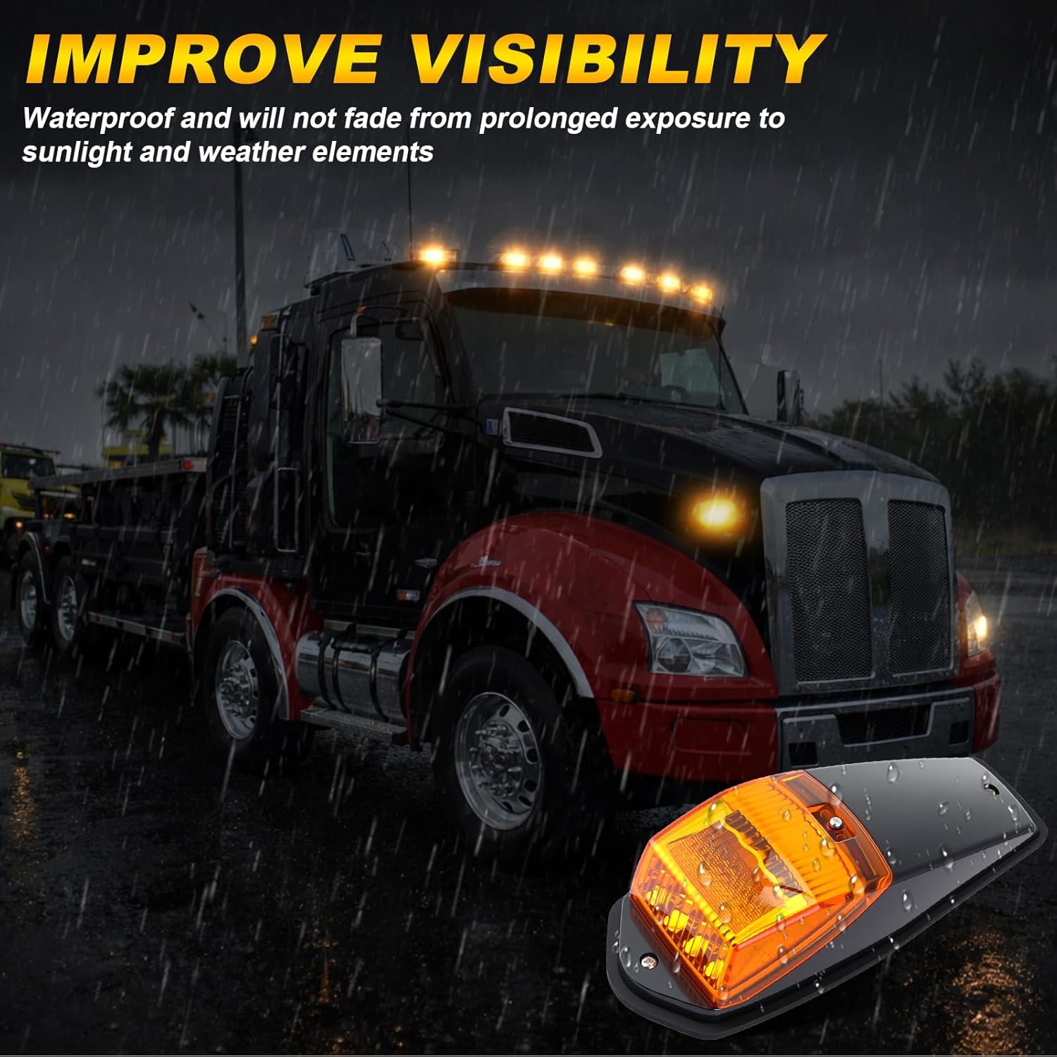 VIHOSE 5 Pack 34 LEDs Cab Lights for Semi Trucks, Chrome Amber Roof Marker Lights 12V IP67 Waterproof, Heavy Duty Cab Marker Set Compatible with Peterbilt Kenworth Mack(Black Amber)