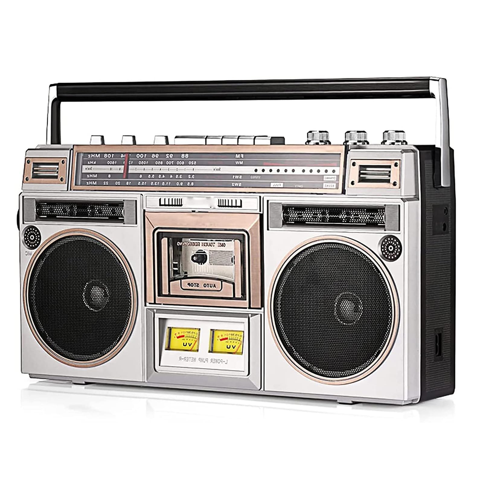 Boombox portatile con lettore CD, stile classico anni '80, radio AM/FM, ingresso SD/USB, compatto per riunioni di famiglia e viaggi
