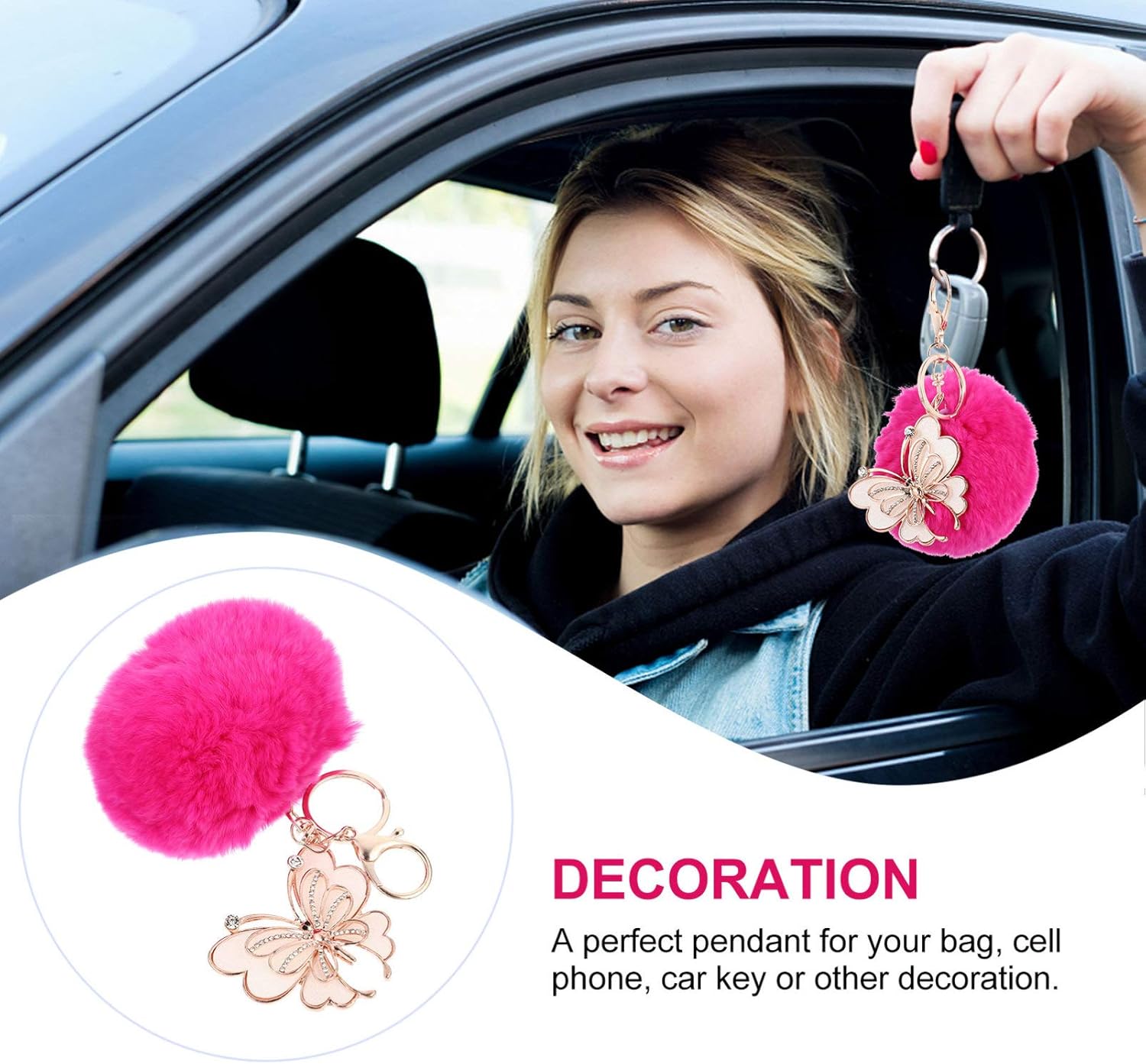 PRETYZOOM Fuzzy Keychain Ball Pendant Soft Fluffy Pom Pom Charm for Bags Cars Keys Handbag Accessories 4.72X3.14X3.14 Inches - Image 4