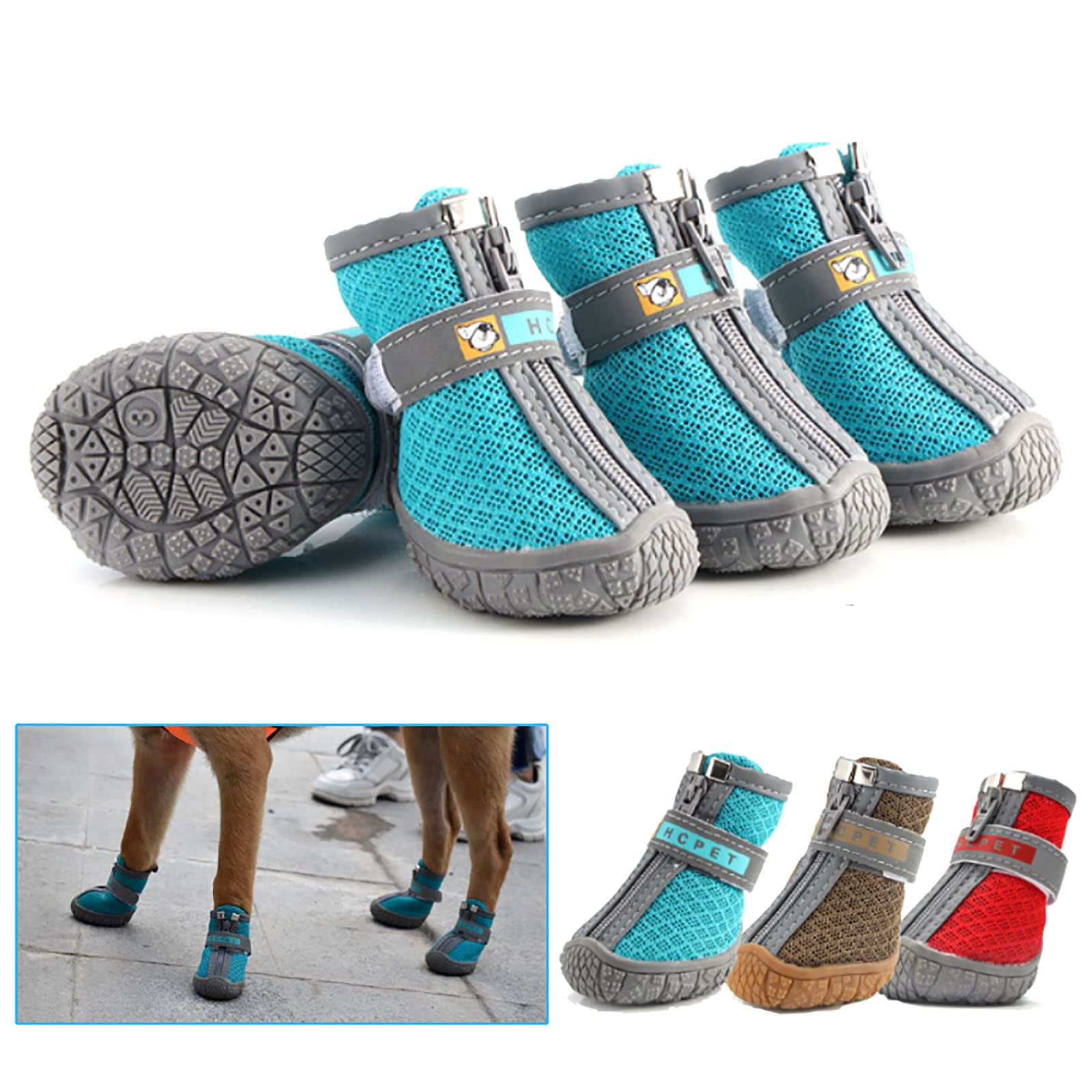 Chaussures pour Chiens de Compagnie Bottes à Semelles en PVC Portables de Montagne avec Semelles en Caoutchouc Antidérapantes Sangles Réfléchissantes pour Marcher et Courir,Green,1(3.5cm3kg)