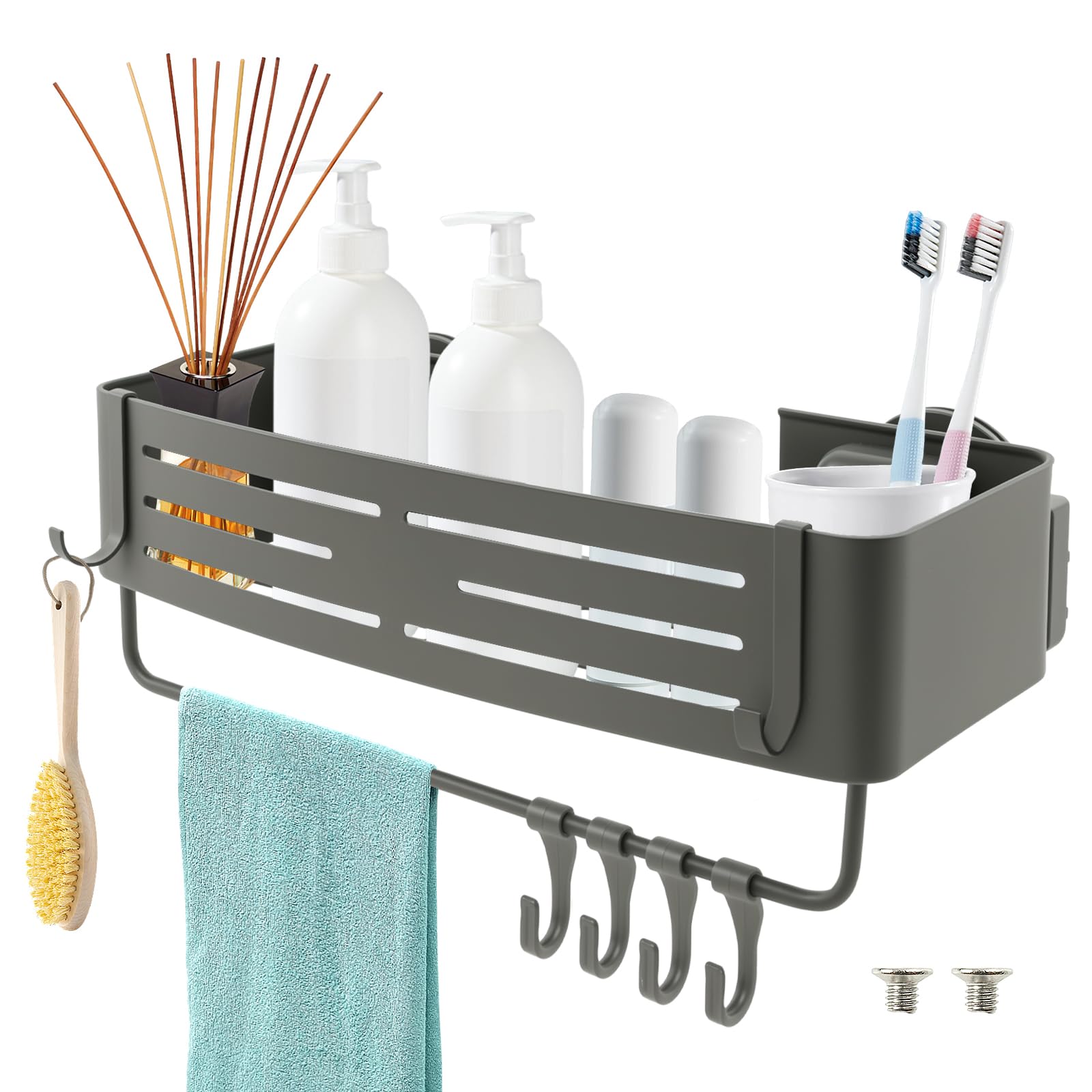 Shower Shelf with Suction Cup Space Saving Shower Caddy with Drainage Holes Bathroom Organiser 6 Hooks and Towel