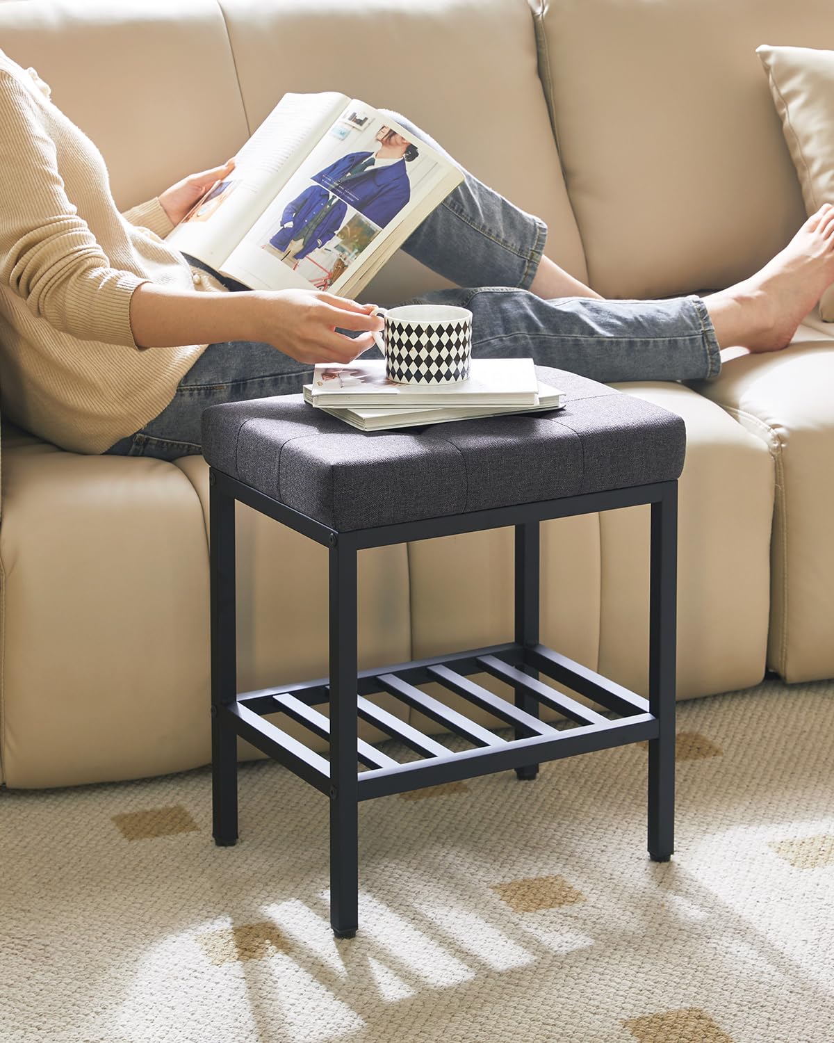 IBUYKE Silla de Maquillaje Rectangular con Patas Ajustables y Almacenamiento, Gris Oscuro