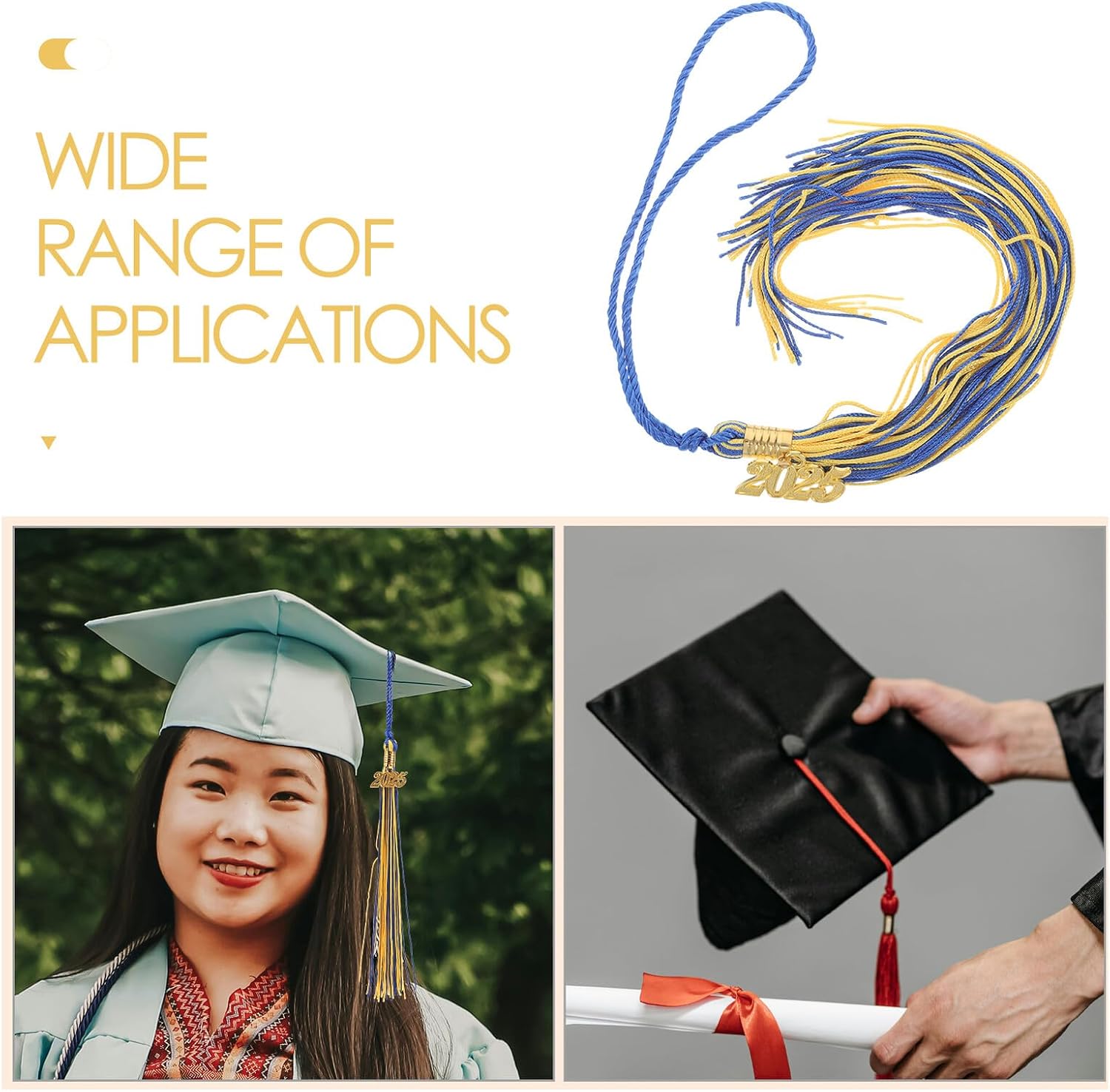 4pcs Graduation Gown Cap Tassel Set, Gold and Blue Hanging Charms for Bachelor and Master Graduation Hats, Academic Ceremony Accessories for Cap and Gown