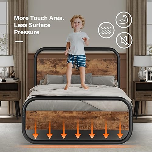 Miniatura 4 de Catrimown Base de cama individual con cabecero, marco de cama LED, plataforma de tamaño individual, marco de cama rústico de metal resistente, marco