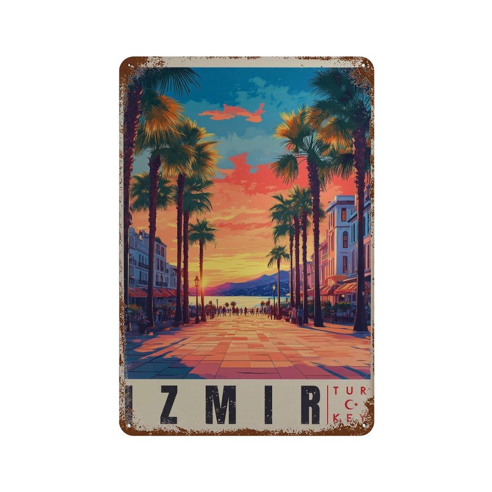 xiaoxiaoshen Mediterranean Travel Izmir Sunset Palm Wall Decor Art Metal Tin Poster Modern Home Decor Art Home Bar Shop Decorations Vintage Sign 30x20cm