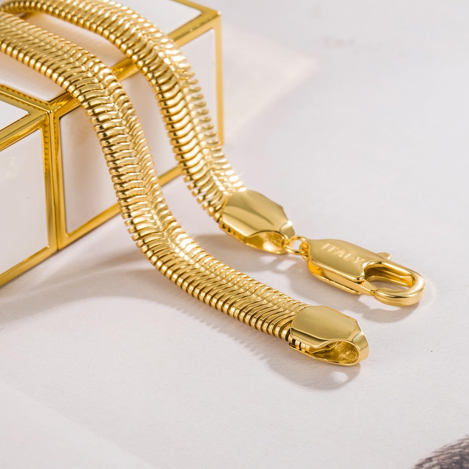 Dankadi Men 925 Sterling Silver Necklace Italian 6MM-8MM Flexible Flat Snake Chain Choker 16-30 Inch 24K Gold plated Fine Jewelry Gifts for Women