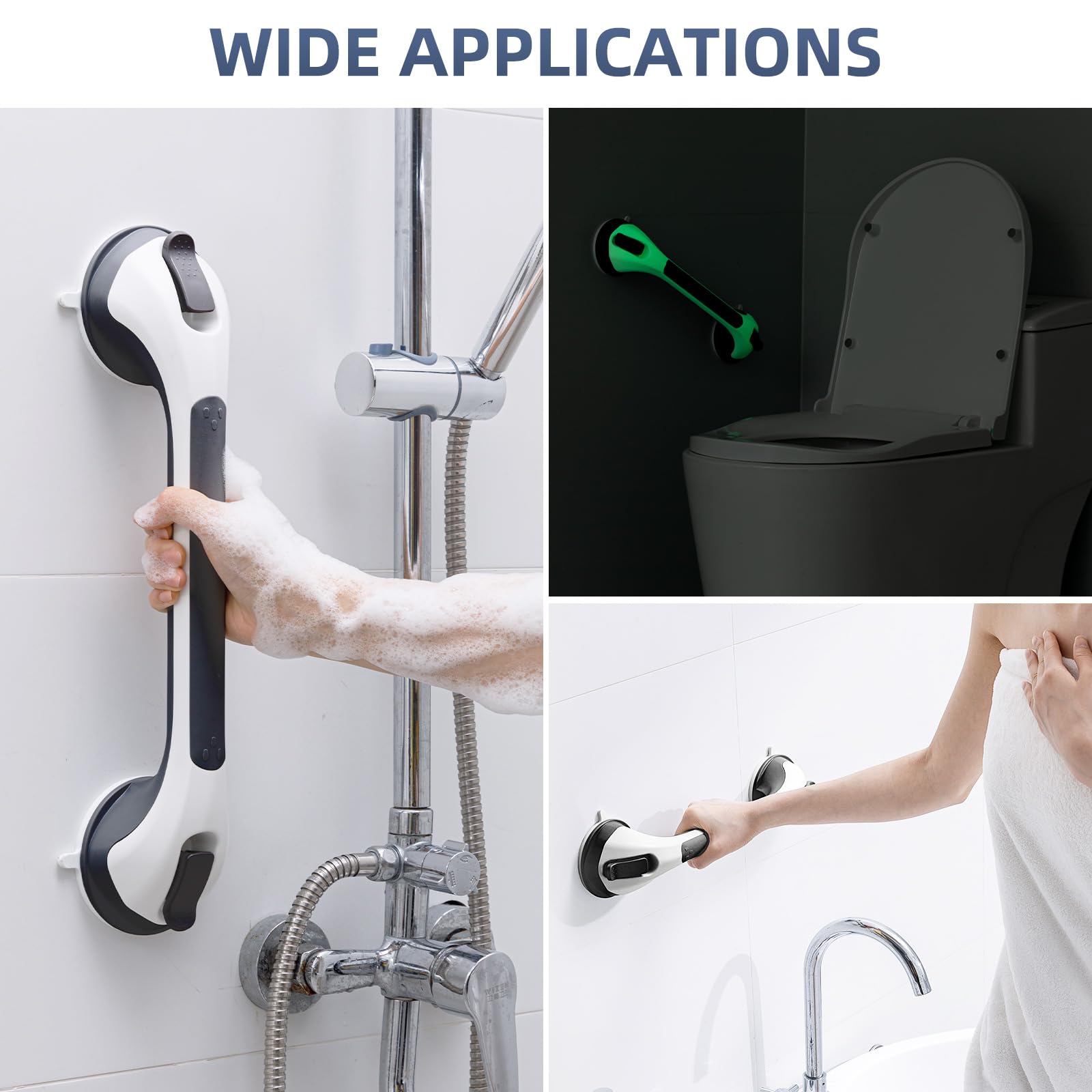 Paquete de 2 barras de agarre para ducha que brillan en la oscuridad, barras de agarre de 16 pulgadas para baño y ducha, pasamanos de seguridad con ventosa para personas mayores y mayores,