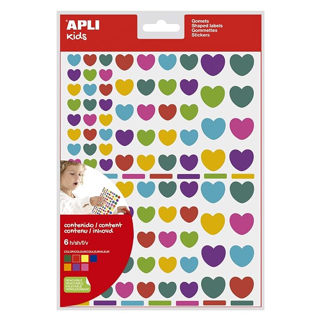 APLI Kids 18767 - Bolsa de 624 gomets corazones en tamaños surtidos, removibles, multicolor, 6 hojas