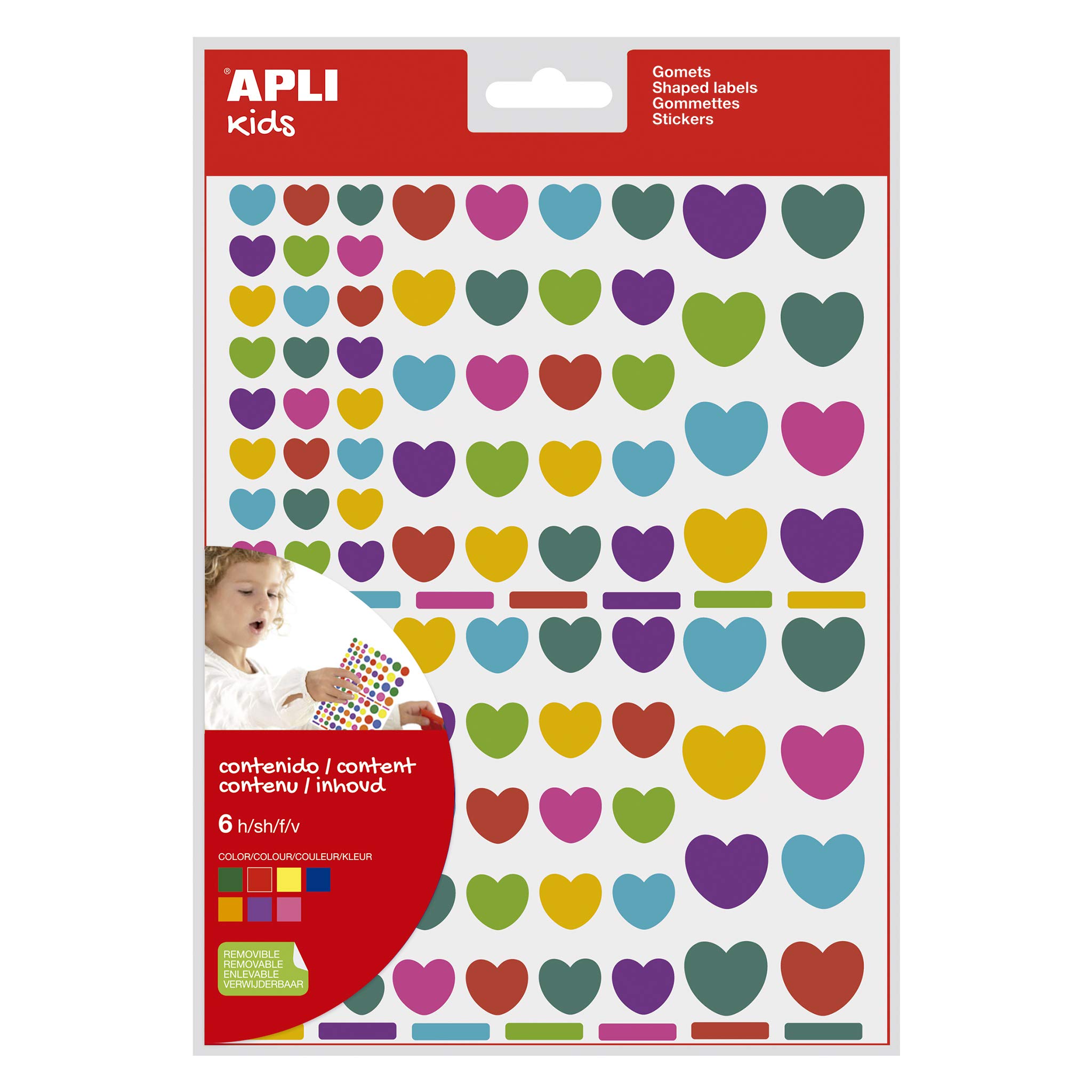 APLI Kids 18767 - Bolsa de 624 gomets corazones en tamaños surtidos, removibles, multicolor, 6 hojas