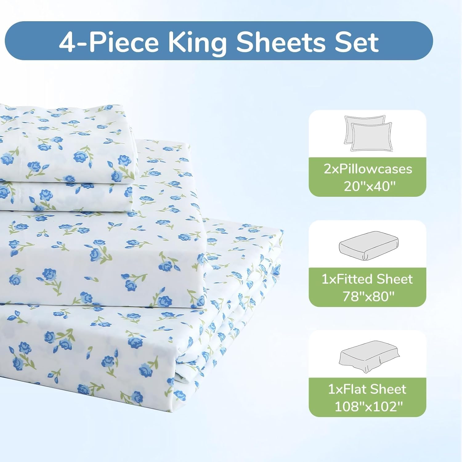 MUXHOMO King Size 4 Piece Sheet Set, Soft Breathable Bed Sheet Set for Bedroom with Deep Pocket Up to 16", Wrinkle-Free & Cooling Bedding for Oeko-TEX Certified - Floral Blue