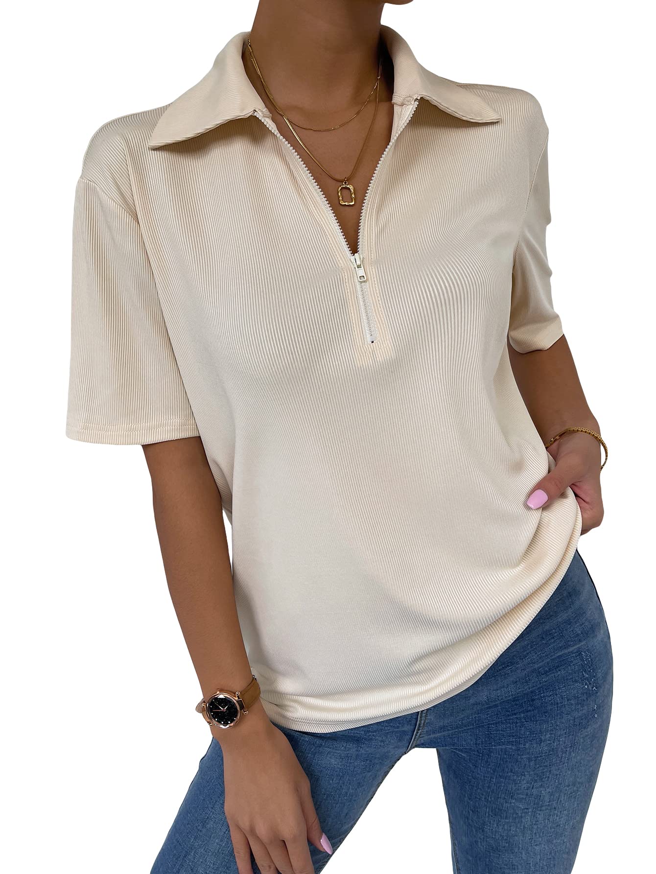 SHEINWomen's Casual Zip Up Front Short Sleeve Polo Shirt Tee Top